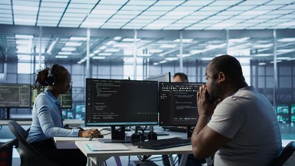 Poster - admin working in computer network security data center suffering from cold, sneezing. ill african am