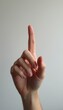 © natakot - A single hand is raised with the index finger pointing upwards against a soft, neutral background, symbolizing a call for attention or a request for silence. The delicate fingers, with neatly