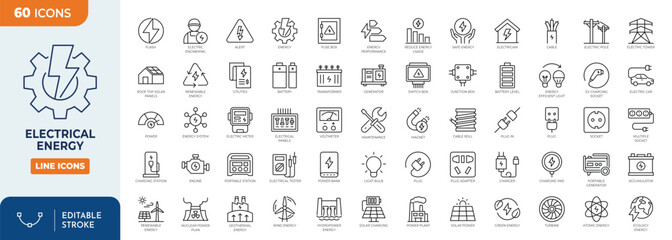 electricity, electrical energy line icon set. contains icons electric power line, light, light bulb 