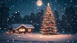 © Watermill Studio - christmas night in the village, Christmas tree, a house covered in snow and a full moon in the background