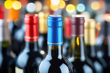 Wall Mural - A vibrant and colorful close-up of various wine bottles with blurred background, showcasing the necks and tops of the bottles. 