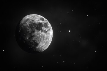 Wall Mural - large, dark moon is the main focus of this image. the sky is filled with stars, creating a serene an