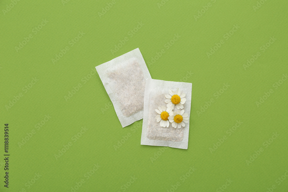 Tea bags with chamomile flowers on green background. Top view