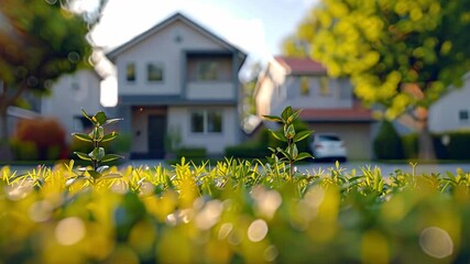 Poster - Lush green grass grows in the foreground, while stylish modern homes appear softly blurred in the background. Soft sunlight illuminates a peaceful neighborhood, showcasing real estate beauty.