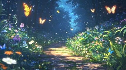 Wall Mural - In the forest, there is an endless path of flowers and plants on both sides