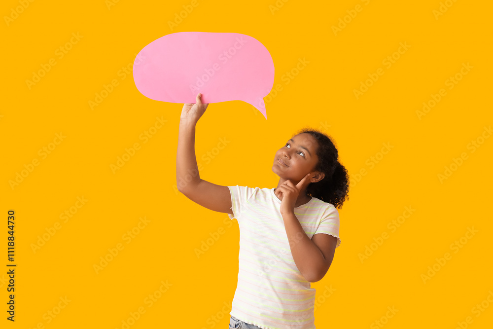 Thoughtful African-American girl with speech bubble on yellow background