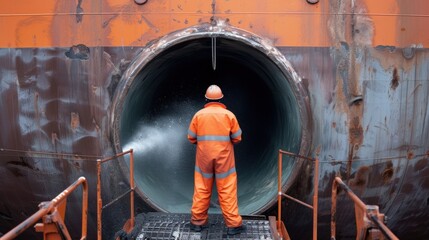 Poster - A worker inspects the tailpipe of a container ship where a scrubber system has been installed to remove harmful pollutants from the exhaust.