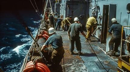 Poster - A crew of merchant marines work seamlessly together on the deck of a cargo ship displaying the utmost professionalism in their duties.