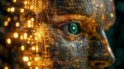 Poster - Close-up of AI Face with Circuit Board Texture and Glowing Green Eye with Security Lock Icon