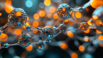 Poster - Abstract 3D Illustration Nanostructure, Technology, Orange and Blue Mesh, Spheres, Depth of Field