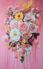 Canvas Print - Vibrant floral arrangement featuring pink and yellow flowers against a soft pink background, showcasing beauty and nature in an artistic representation.