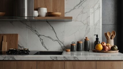 Blurred kitchen counter with marble display pedestal