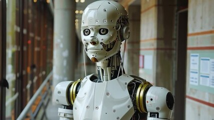Poster - A lifelike robot stands in a contemporary estate, showcasing intricate mechanical features and advanced design. The environment reflects a blend of technology and luxury, inviting curiosity.