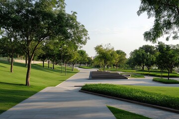 Lush green park with pathways, trees, and modern landscaping under a clear blue sky