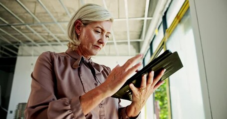 Aufkleber - Architect, mature woman and tablet for construction site, compliance check or project management. Online, research or designer with touchscreen for building inspection, quality control or progress