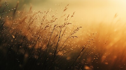 Poster - Golden hues of morning sunlight illuminating delicate wild grass in serene field : Generative AI