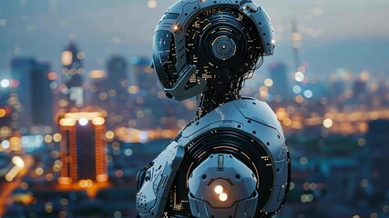 Aufkleber - A sophisticated AI robot stands on a rooftop overlooking a vibrant city skyline during dusk. Twinkling lights and modern architecture create an enchanting backdrop for this technological marvel.