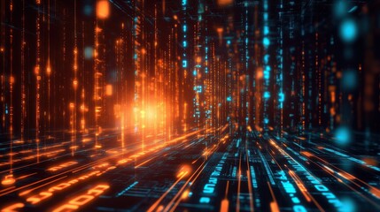 Fototapete - Futuristic Digital Data Stream with Bright Glowing Particles