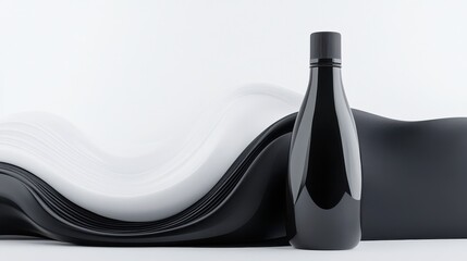 Poster - Elegant Black Bottle Surrounded by Flowing Monochrome Waves