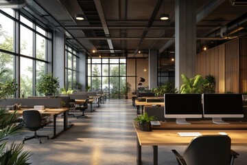 Wall Mural - Modern office space with workstations and large windows 