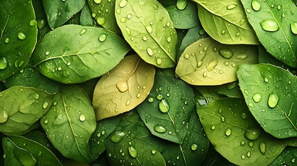 Aufkleber - Variety of Fresh Green Leaves with Dewdrops for Eco Friendly Nature Concepts : Generative AI