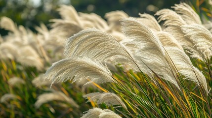 Aufkleber - Plume Grass Swaying Gracefully in the Wind Amidst a Verdant Green Field Setting : Generative AI