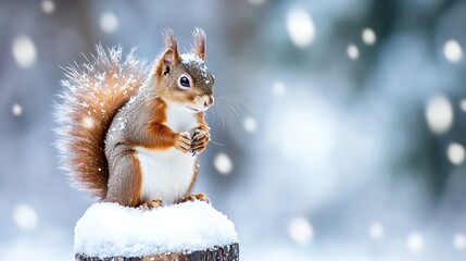 Poster - Playful Red Squirrel in Snowy Landscape Enjoying a Wintry Day : Generative AI