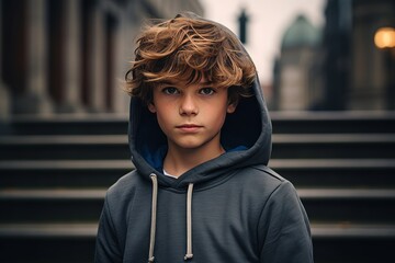 Wall Mural - Boy in a hooded sweatshirt on the street. Portrait of a boy in the city.