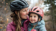 © Infinity Lens - Nurturing mom daughter child, supportive bicycle bike riding learn, encouraging parent teaching together family, active recreational outdoor, joyful learning happy.