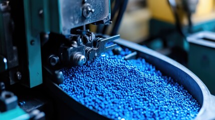 Poster - Vibrant Blue Plastic Pellets Flowing from Machinery in Factory