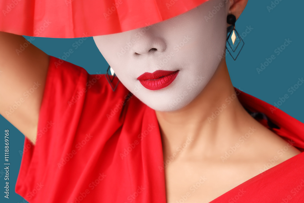 Beautiful young geisha with fan on blue background, closeup