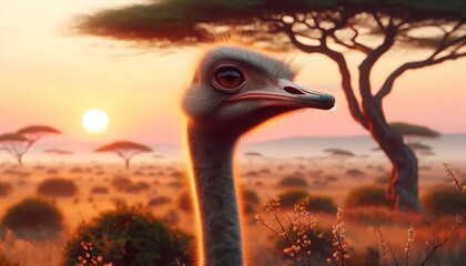 portrait of  ostrich, with bright hazel eyes, in the background the Serengeti in the soft light of dawn, created with generative artificial intelligence.