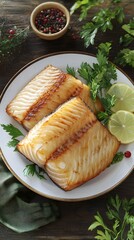 Poster - Grilled fish fillets served with fresh herbs and lime on a plate.