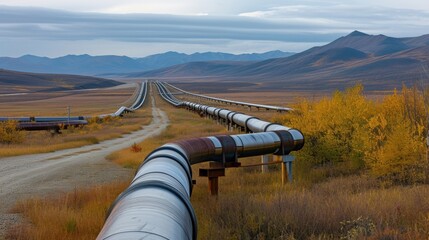 Poster - The use of pipelines for transporting oil and gas is highlighted in this image with long stretches of metallic pipes snaking across the landscape providing an efficient and