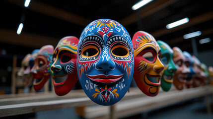 Hand painted traditional masks drying in workshop, showcasing vibrant colors and intricate designs. These masks reflect cultural artistry and craftsmanship