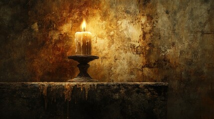 Wall Mural - Glowing candle on aged candlestick against textured wall.