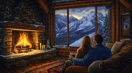 Sticker - Couple snuggles on couch by fireplace, enjoying snowy mountain view from cabin.