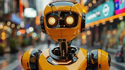 Aufkleber - A futuristic robot stands in a bustling city, showcasing advanced technology with its sleek yellow design.