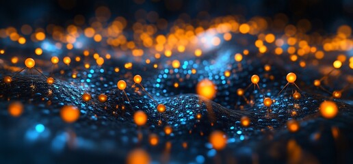 Fototapete - Abstract glowing network with orange and blue lights.
