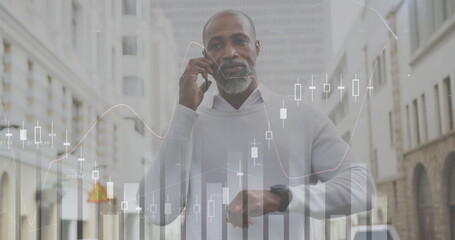 Aufkleber - Image of diagrams and data processing over african american man talking on smartphone in city