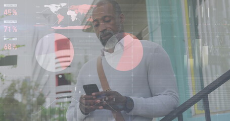 Aufkleber - Image of diagrams and data processing over african american man using smartphone in city