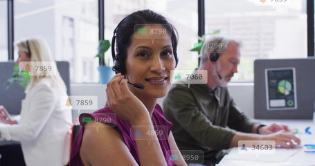 Poster - Image of data processing over diverse business people using phone headsets in office
