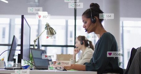 Poster - Image of data processing over diverse business people using phone headset in office