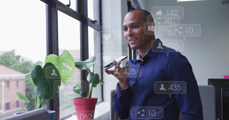 Poster - Image of data processing over biracial businessman talking on smartphone in office