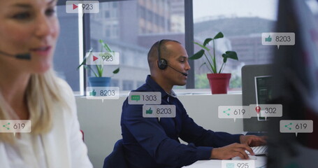 Poster - Image of data processing over diverse business people using phone headsets in office