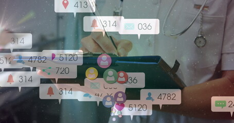 Poster - Image of social media icons with numbers over caucasian female doctor