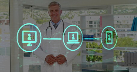 Poster - Image of network of connections with technology icons over caucasian male doctor
