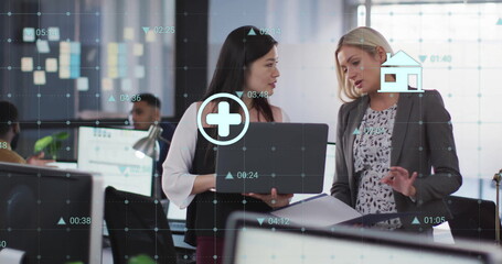 Poster - Image of data processing over diverse female colleagues discussing work in office