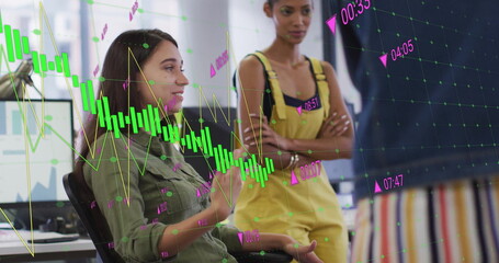 Poster - Image of diagrams over diverse colleagues discussing work in office