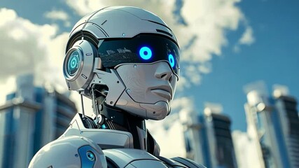 Poster - A sleek humanoid robot with an advanced design stands confidently in an urban landscape. It contrasts against skyscrapers under a bright blue sky, showcasing a blend of technology and architecture.